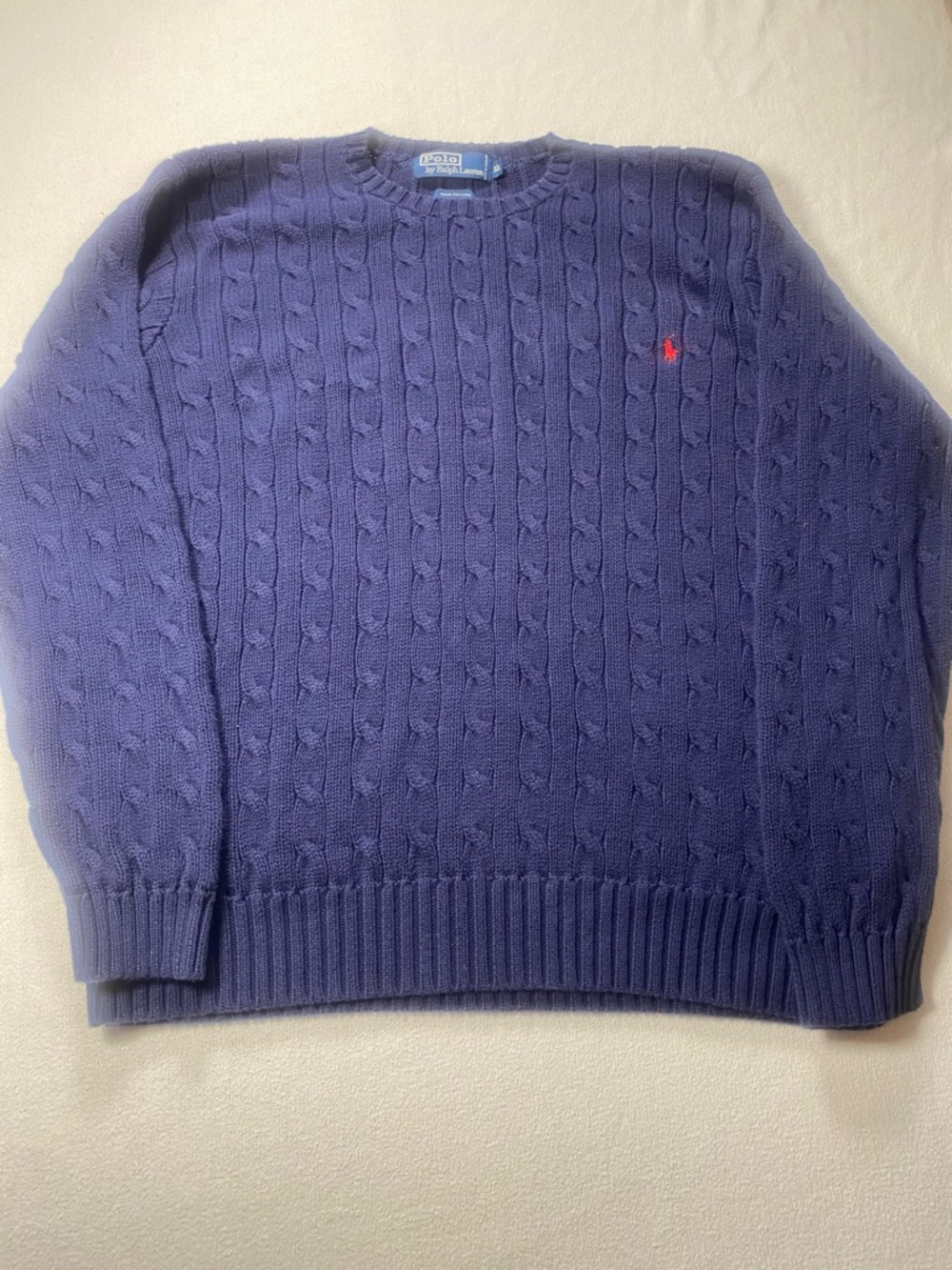 Ralph Lauren Men’s Blue Cable Knit Crewneck Sweatshirt with Red Pony